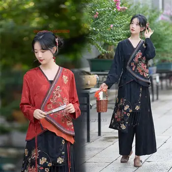 2023 традиционная китайская этническая блузка с национальной цветочной вышивкой, улучшенная блузка hanfu, винтажный чайный сервиз, кардиган, костюм тан