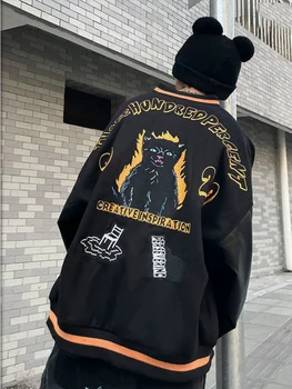 2024 Весенне-осенняя куртка-бомбер с вышивкой кота, бейсбольная форма, Дизайнерская одежда в стиле хип-хоп, Черная университетская мода