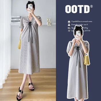 A50169 # Платье для беременных, простое Свободное платье в корейскую клетку для женщин, стильное летнее платье для беременных женщин