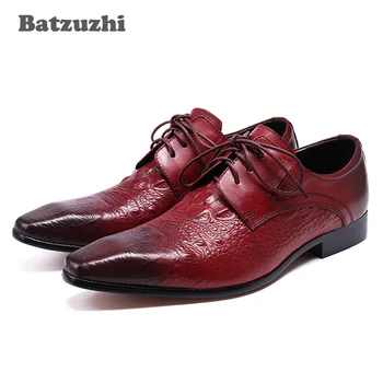 Batzuzhi, Итальянский стиль, 100% Фирменная Новинка, Мужская Обувь, Мужские модельные туфли из натуральной кожи, Винно-красная Деловая/Вечерняя Официальная Обувь, EU38-46