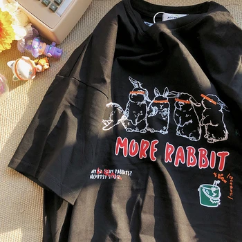 Harajuku Винтажная хлопковая Мужская Женская футболка, уличная одежда, футболка с коротким рукавом с принтом Кролика, модная футболка большого размера Kawaii