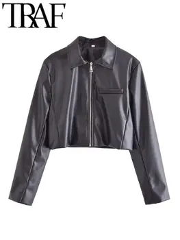 TRAF Oversize Женская повседневная куртка-бомбер из искусственной кожи с рукавами на запястьях и молнией спереди, свободное пальто, женский укороченный топ, верхняя одежда Y2K 2023 Осень