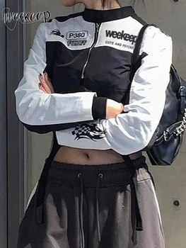 Weekeep Уличная одежда, куртка на молнии, Шикарный лоскутный принт с длинным рукавом, повседневные осенние пальто 2023 года Harajuku y2k, Модная женская одежда