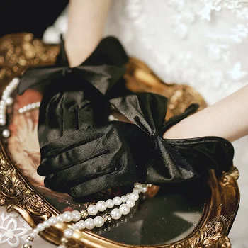 Атласные перчатки с большим бантом, женские Перчатки для невесты, Элегантная Свадебная вечеринка, Вышивка, Солнцезащитный крем, Модные Белые Черные Перчатки, Варежки