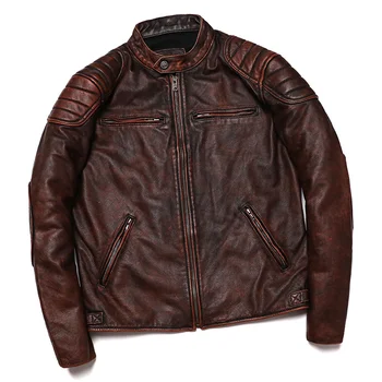Бесплатная доставка 2024 Новая коричневая куртка из натуральной кожи в винтажном стиле, мужская мотоциклетная байкерская куртка из воловьей кожи, тонкая модная одежда