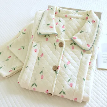Двухслойная хлопчатобумажная пижама Женская пижама для кормления грудью Осенняя одежда для кормления грудью с длинным рукавом для беременных женщин