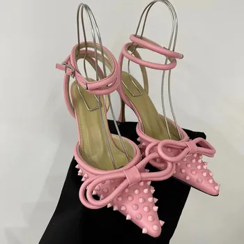 Дизайнерские сандалии с узлом бабочки, острый носок, Однотонные туфли из натуральной кожи с ремешком сзади, свадебные туфли для женщин 2023 Mule