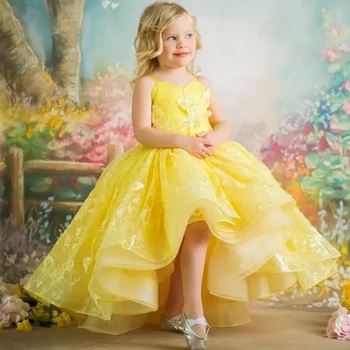 Желтые кружевные платья с цветочным узором для девочек на свадьбу, нарядные платья на бретелях, без рукавов, с аппликацией из тюля, длиной до пола, детские