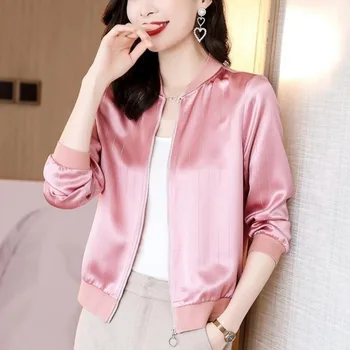 Женская тонкая куртка-бомбер, летняя полосатая шелковая короткая повседневная блузка с длинным рукавом, женский корейский модный кардиган на молнии.