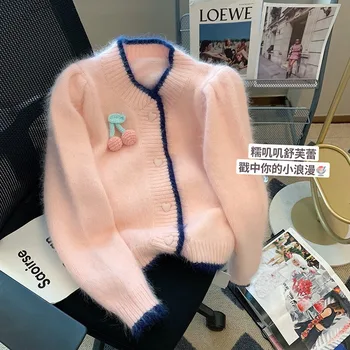 Женский свитер-кардиган, весенняя новинка 2023 года, милая короткая вязаная куртка из плюша в иностранном стиле