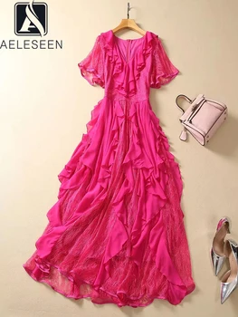 Женское розово-красное платье AELESEEN, Подиумная мода, лето, V-образный вырез, Короткий рукав, Оборки, кружевное лоскутное шитье, Элегантная длинная вечеринка, праздник