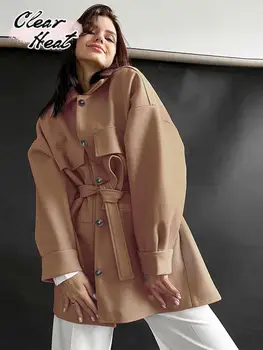 Женское Шерстяное пальто свободного кроя с длинным рукавом и карманом, Модная однотонная теплая куртка с лацканами, женская осенняя шикарная Толстая уличная одежда 2023 года.