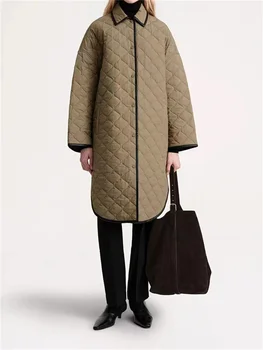 Зимние женские однобортные парки, пальто с отложным воротником, свободная женская стеганая куртка средней длины с разрезом из Аргайла, новинка 2023 года