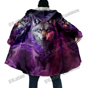 Зимний модный мужской плащ с фиолетовым рисунком волка и 3D принтом, толстый флисовый плащ с капюшоном, повседневное теплое пальто-накидка DP56