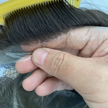 Индийские Девственные шиньоны из человеческих волос 32 мм волна # 1b Натуральный Черный цвет 0,08 мм Кожный парик с узлами из искусственной кожи для белых мужчин