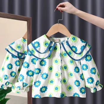 Корейская детская одежда 2023 Весна осень Детские рубашки и блузки с цветочным принтом для девочек Модные топы с кукольным воротником для маленьких девочек