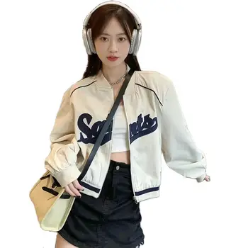Куртки унисекс в корейском стиле харадзюку в стиле пэчворк с костяными буквами, весенне-осенние бейсбольные пальто, однобортная куртка-бомбер