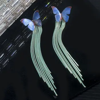 Модные женские длинные серьги с бахромой на цепочке с голубой бабочкой
