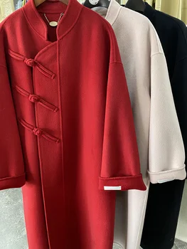 Новогодняя Красная пуговица в китайском стиле, сшитая вручную Двусторонним кашемировым пальто, женское длинное шерстяное пальто
