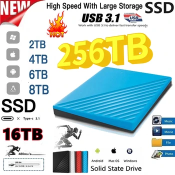 Оригинальный Высокоскоростной SSD емкостью 256 ТБ, 1 ТБ, Портативный Внешний Твердотельный Жесткий диск С интерфейсом USB3.1, HDD, Мобильный Жесткий диск Для Ноутбука/mac