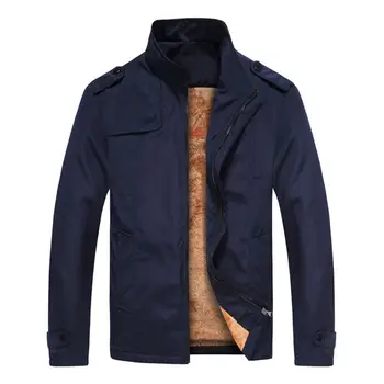 Осенне-зимнее мужское теплое пальто однотонного цвета с двумя карманами, теплая плюшевая подкладка, куртка с воротником-стойкой