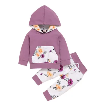 Осенние комплекты одежды для маленьких девочек, хлопковая толстовка с капюшоном и цветочным принтом, штаны, комплект из 2 предметов, спортивный костюм для малышей