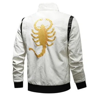 Осенняя мужская мотоциклетная кожаная куртка с вышивкой в виде Скорпиона, пальто из искусственной кожи, Весенняя Корейская версия, Модная кожаная куртка с воротником-стойкой и капюшоном