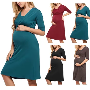 Платье для грудного вскармливания, женская осенняя одежда для отдыха, V-образный вырез, однотонное многофункциональное платье для кормящих мам со средним длинным рукавом