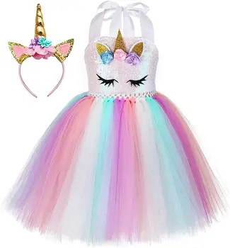 Платье-пачка Dreams ручной работы с единорогом и блестками для девочек 1-10 лет с повязкой на голову, платья для танцев на день рождения