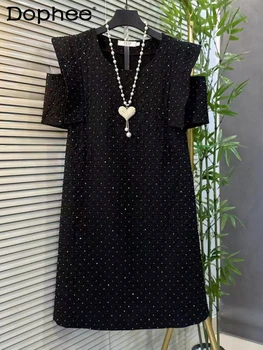 Платья со стразами большого размера, блестящие Женские летние свободные облегающие платья-футболки средней длины, Черное платье оверсайз с коротким рукавом 6XL