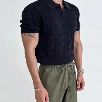 Повседневная однотонная трикотажная тонкая рубашка поло Для мужчин Для отдыха, эластичные трикотажные топы с короткими рукавами и лацканами, Весенне-летние модные мужские футболки Поло