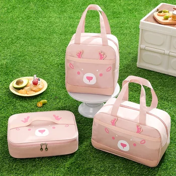 Розовая сумка для ланча для детей и женщин, новые переносные термосумки для еды на молнии с прозрачным передним карманом, утолщенный мультяшный ланч-бокс