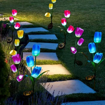 Садовые фонари в форме цветка тюльпана, светодиодные водонепроницаемые фонари для газона на солнечных батареях, лампы подсолнуха для дворовой дорожки, уличный ночник