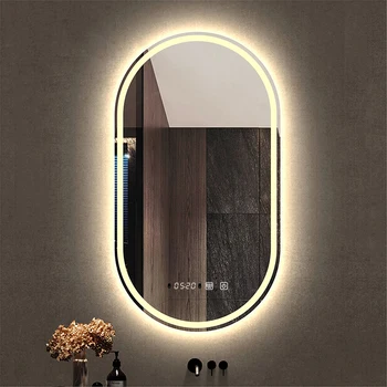 Светодиодное зеркало для макияжа в ванной, настенное зеркало, измеряющее время и температуру человеческого тела, 3-цветная подсветка С антизапотевающим зеркалом в ванной комнате