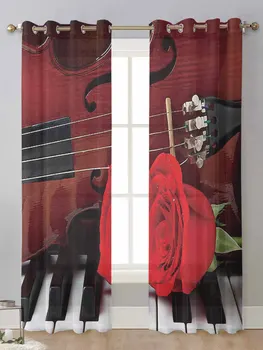 Скрипка и красные розы на пианино Прозрачные шторы для окна гостиной Прозрачная Вуалевая тюлевая занавеска Cortinas Шторы для домашнего декора