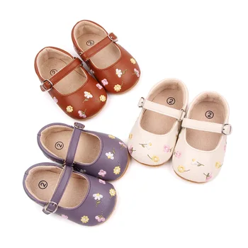 Туфли на плоской подошве для маленьких девочек, обувь из искусственной кожи с цветочной вышивкой, Princess First Walker