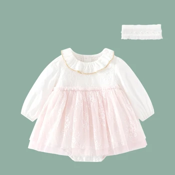 Хлопковое детское платье принцессы с длинным рукавом для девочек, кружевные платья с цветами, весенне-осенняя одежда на 6-12 месяцев