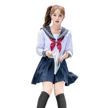 Школьная форма моряка, темно-синий костюм с длинными рукавами, топ и юбка Корейско-Японского класса, летний сексуальный костюм для девочек